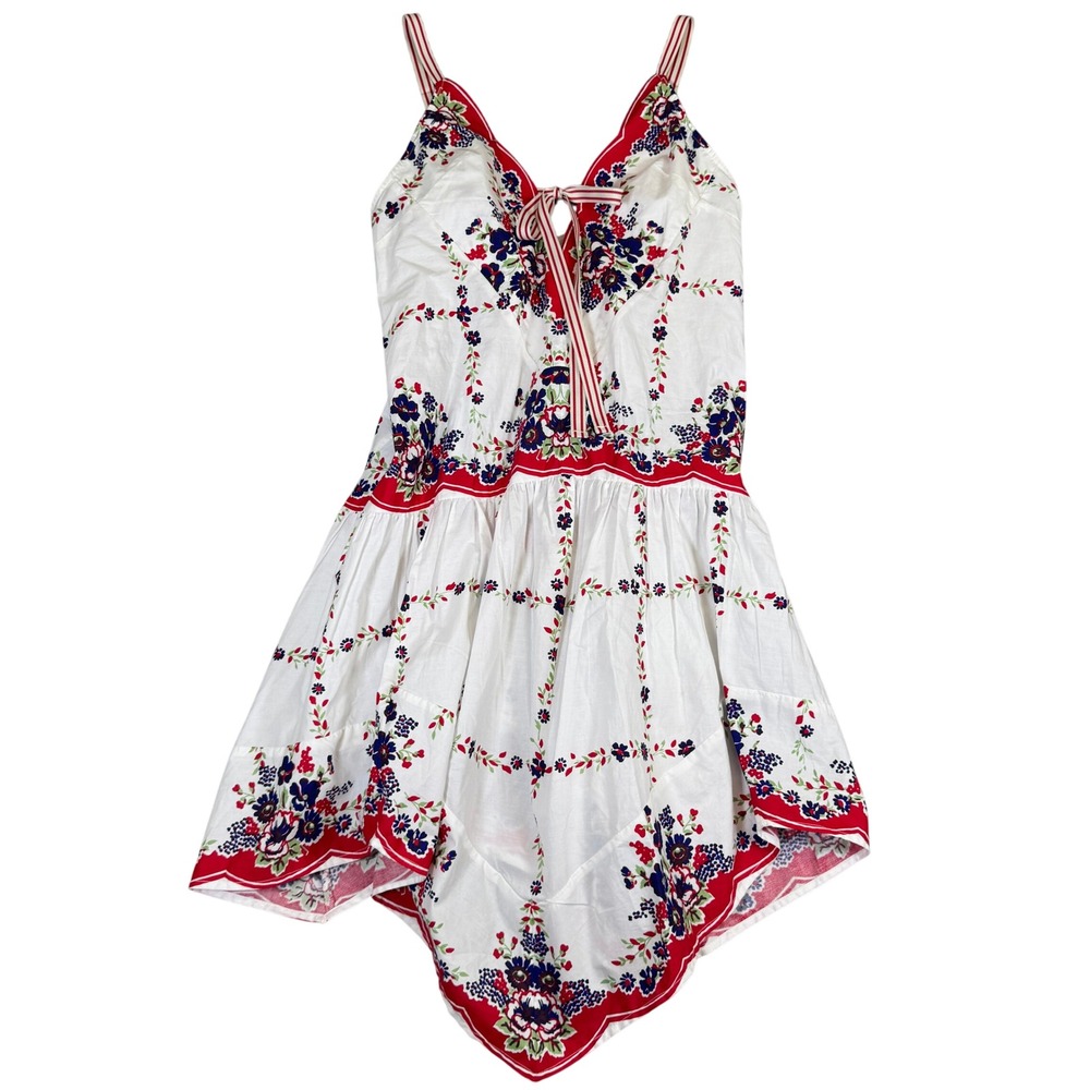 Celandine Floral Handkerchief Hem Sun Dress Red White Blue Straps V-Neck XS
